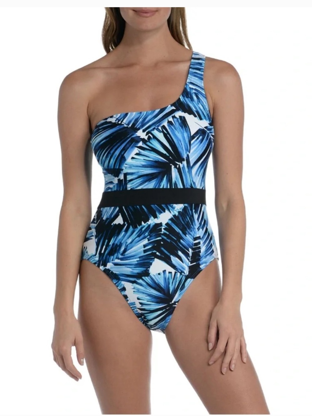 Mynah One-Shoulder Blue Palm Print One-Piece Swimsuit with Waistband Medium